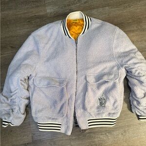 Diet Starts Monday Light Gray Sherpa Bomber Jacket with Yellow Lining